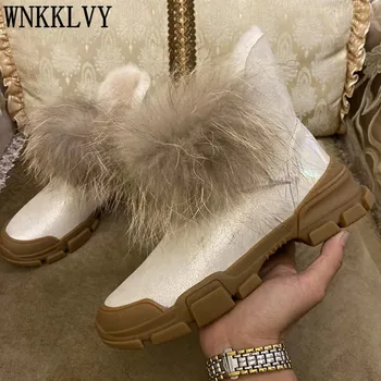

Fur thick sole snow Boots for women Flat shoes round toe waterproof leather slip on ankle botas Winter cozy warm wool boots 2020