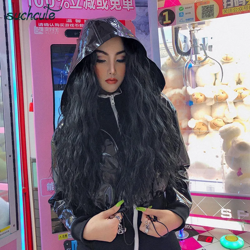SUCHCUTE пальто из искусственной кожи для женщин, меховая одежда на молнии, черная верхняя одежда, готический корейский стиль, повседневные осенние женские топы