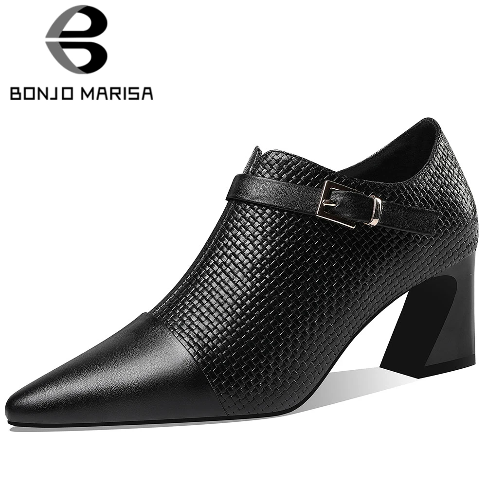 

BONJOMARISA Brand Female Elegant Pumps Slip On Pointed Toe High Heels Genuine Leather Pumps Women Spring Office Shoes Woman