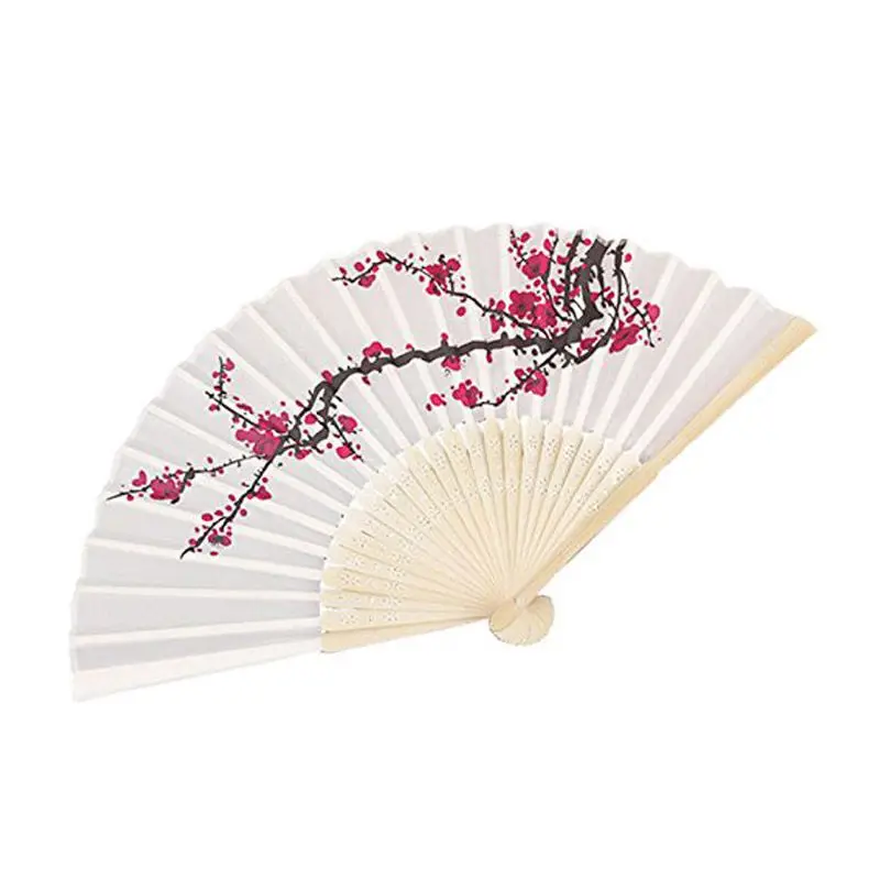 

20pcs/lot elegant plum flower design bamboo folding fan wedding silk hand fan with white organza gift bag