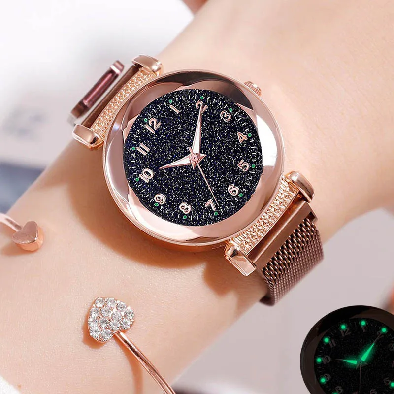 

Rose Gold Women Quartz Watches Starry Sky Luminous Magnetic Mesh Band Geometry Crystal Personality Relogio Feminino Casual Gift