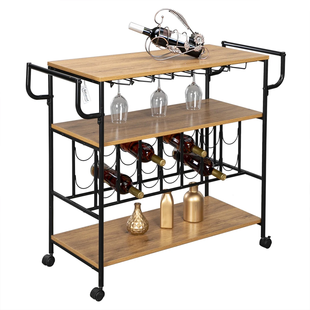 

42.5"W x 16.14"D x 33.86"H Industrial Wine Rack Cart Kitchen Rolling Storage Bar Wood Table Serving Trolley Bar Cart
