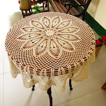 

90CM Embroidered Handmade Crochet Lace Round Tablecloth Cotton Thread Hollow Flower Table Cover Household Tabletop Protector