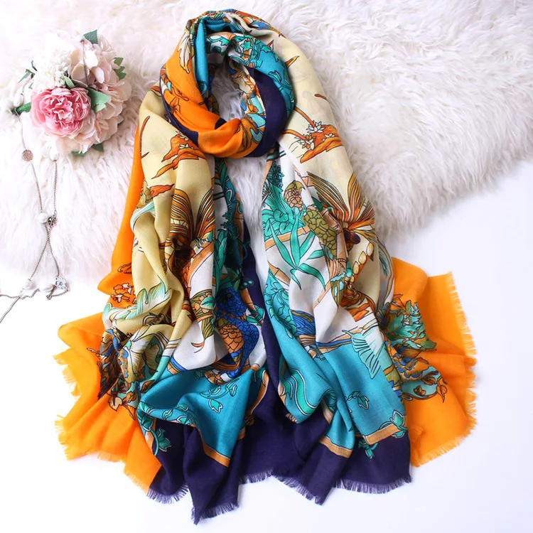 

WInter Scarf Women 300s Pure Cashmere Scarves Female Brand Design Floral Bird Lady Shawls Wraps 200*100cm