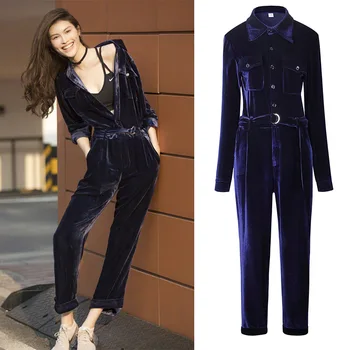 

Star Style 2020 Women casual gold velvet Jumpsuit New Design Longsleeve Female Overalls bodysuit 8110