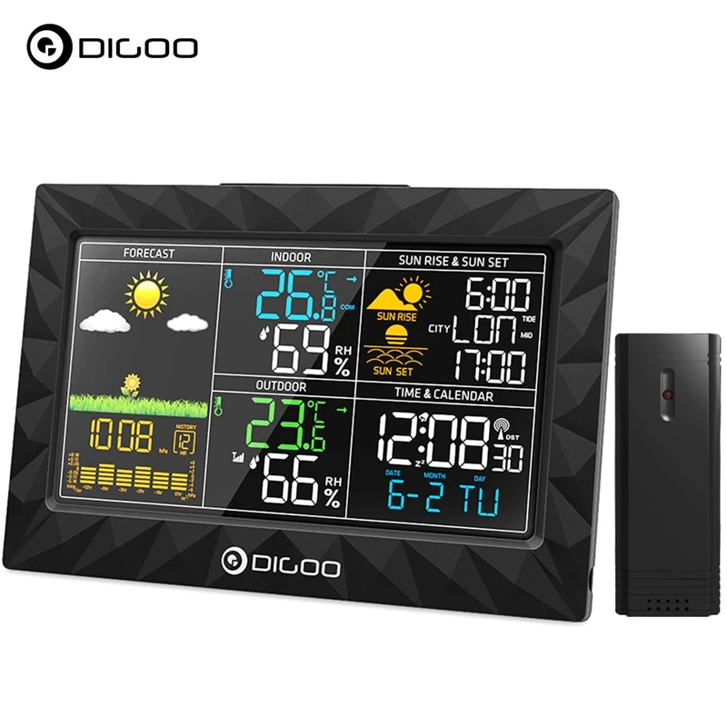 DIGOO DG-TH8988 ЖК-дисплей цветной Метеостанция+ открытый Дистанционный датчик термометр Влажность Повтор часы рассвет закат календарь