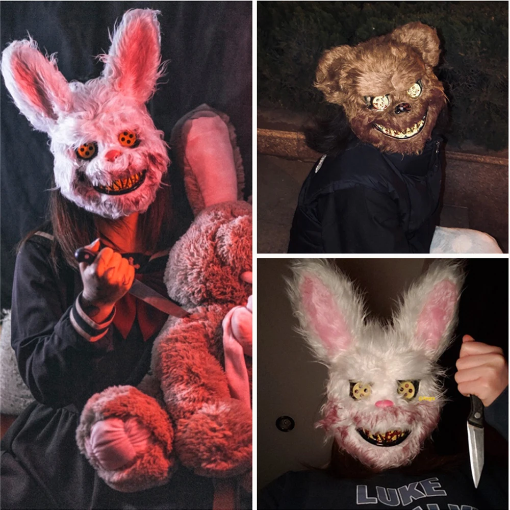 

2019 New Halloween Masquerade Evil Bloody Rabbit Teddy Bear Cosplay Horror Mask For Kids Adults Easter Props Family Party Plush