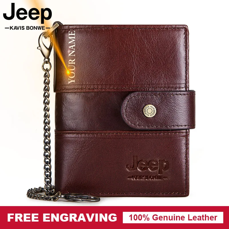 

Men RFID Blocking Trifold Wallet Genuine Leather Short Purse Coin Pocket High Quality Card Holder Wallets With Anti Theft Chain