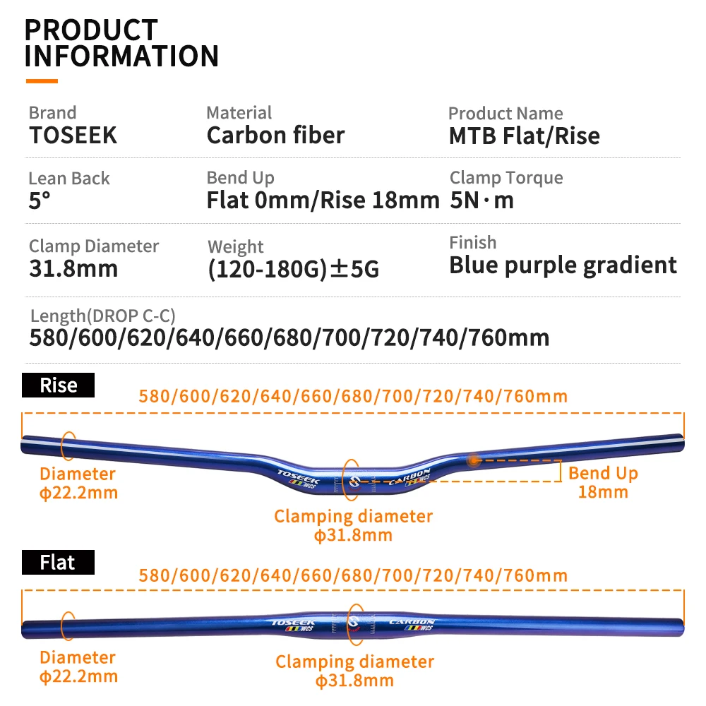 TOSEEK WCS Carbon Fiber Handlebar Bicycle MTB Handlebars for Stem Diameter 31.8mm Bike Mountain Bars Parts 580mm-760mm bicycle handlebar