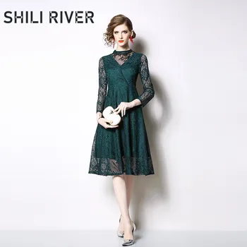 

New spring autumn lace midi dress for women a line long sleeve slim casual elegant floral embroidery pleated dress green maroon