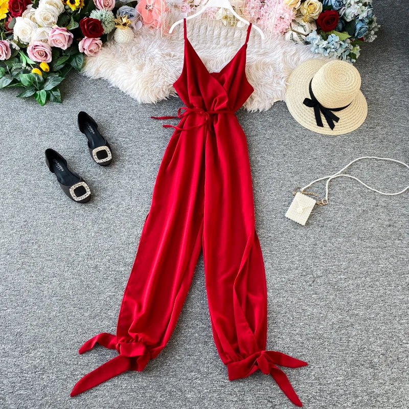 ALPHALMODA 2020 New Women Solid Sexy Jumpsuit Side Slit Binding Leg Ladies Summer Casual Sling Jumpsuit