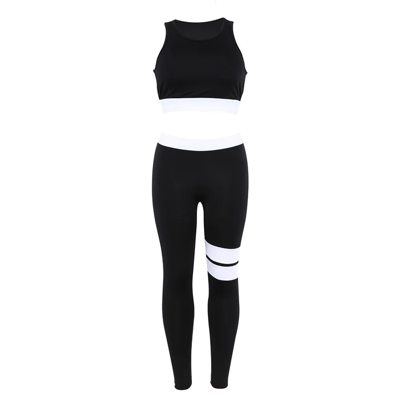 Women Tracksuit Solid Yoga Set Patchwork Running Fitness Jogging T-shirt Leggings Sports Suit Gym Sportswear Workout Clothes S-L - Цвет: Black