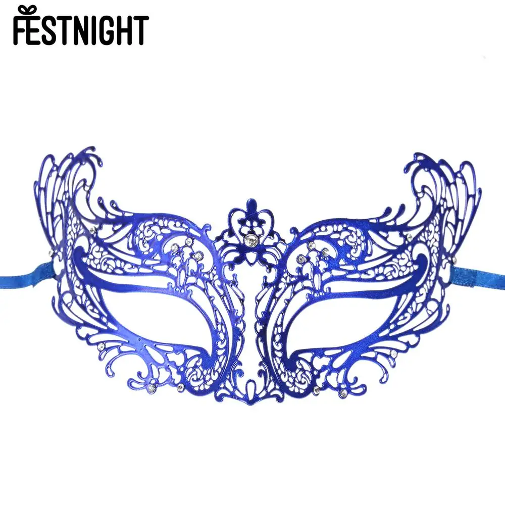 FESTNIGHT косплей, синий/серебристый/черный металл, полумаска, стразы, маскарадный мяч, Хэллоуин, косплей, маска, необычный подарок - Цвет: Синий