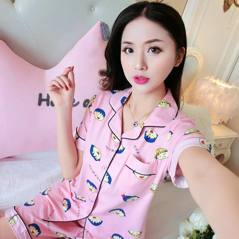

812-1 # Cherry Small Meatball Pajamas Women's Summer Short-sleeved Korean-style Sweet Cute Cardigan Students Set Home Wear