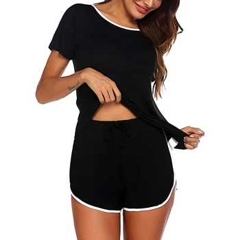 

Women Summer Basic Style Pajama Sets Two Pieces Short Regular Sleeve Round Neck Pullover Solid Color Top Elastic Waist Shorts