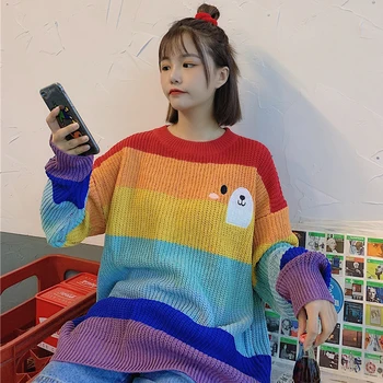 

Autumn Color matching Cartoon Graphic Embroidery Sweet Sweater Girl Rainbow Tops Knit Student Soft Sister Long Sleeve Pullover