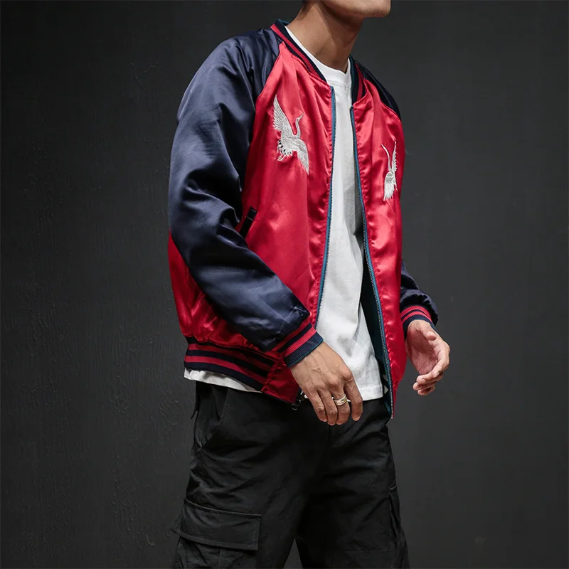 90% OFF Two Sides Luxury Embroidery Bomber Jacket Smooth Men Sukajan Yokosuka Souvenir Jacket Streetwear Hip Hop Baseball Jacket BY270