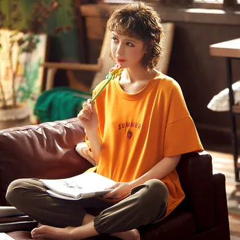 

Cute Cartoon Print Pajamas for Women Cotton Pijama Set Loose Pyjamas Round neck Sleepwear Long Pants Home Wear Loungewear