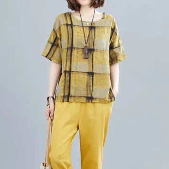

[EWQ] 2020 Spring Summer New Arrivals O-neck Short Plaid Pattern Ankle Length Pants Women Casual Loose Two Piece Set AY34607M