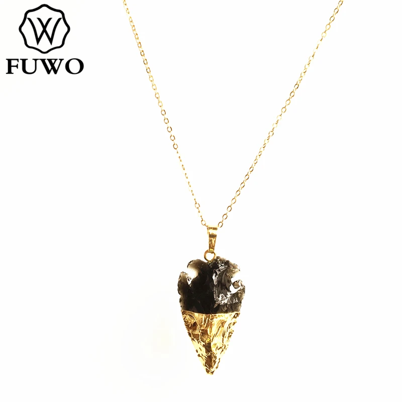 

FUWO Natural Obsidian Arrow Shape Pendants Necklace with Gold Trimmed Native Americans Hand-made Flint Arrowhead For Women NC252