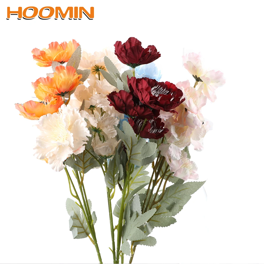 

HOOMIN Bunch Silk Artificial Flower 60cm 6 heads Silk Cloth Snow Peony Fake Flower Decor For Home wedding