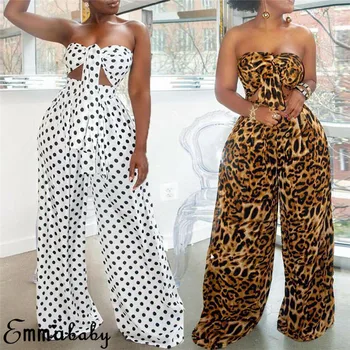 

Women 2 Piece Outfits Strapless Bandage Crop Top Pants Set Casual Polka Dots Leopard Jumpsuit Rompers Plus Size S-2XL
