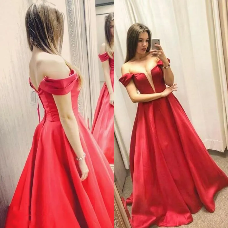 

Off The Shoulder Red A Line Formal Evening Dresses 2020 Long Simple Ruched Satin Long Prom Gowns Plus Size vestidos de fiesta