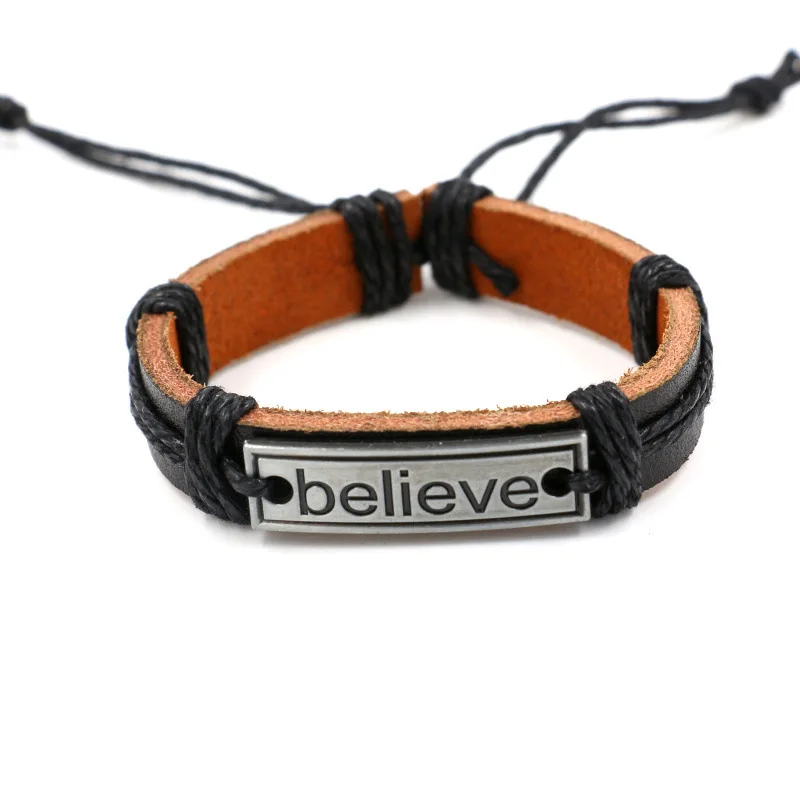 Vintage Letter Believe Leather Adjustable Bracelet Woven Bracelet for Men and Women Fashion Simple Gift Jewellery Wholesale