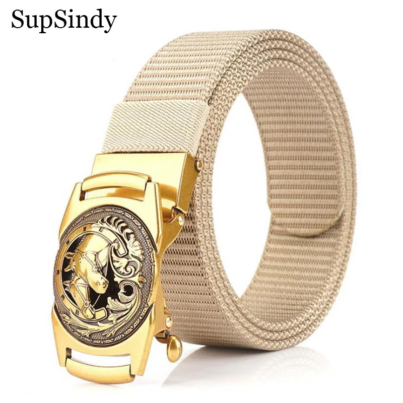 

SupSindy Men Nylon Belt Luxury Horse Metal Automatic Buckle Canvas Belts for Men Fashion Jeans Waistband Outdoor Army Male Strap