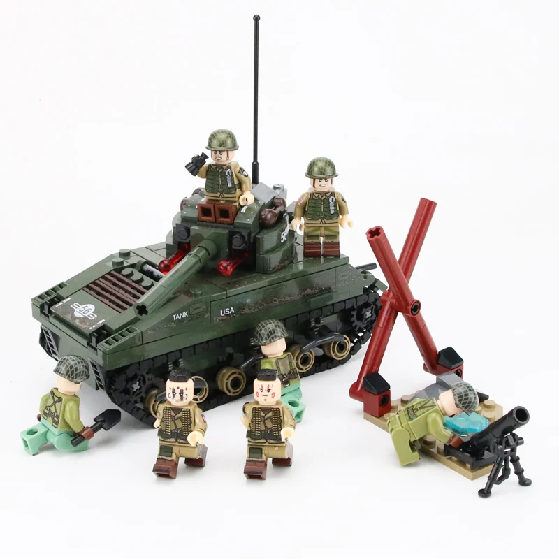 WW2 Military US Sherman M4 Tank Model Building Blocks US Army Soldiers Figures Weapons Accessories