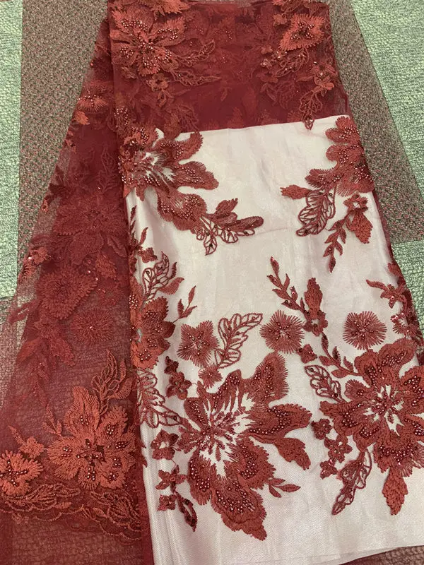 Африканский тюль, кружевная ткань с цветочной вышивкой, швейцарская вуаль, высокое качество, нигерийская кружевная ткань с бисером для невесты - Цвет: red