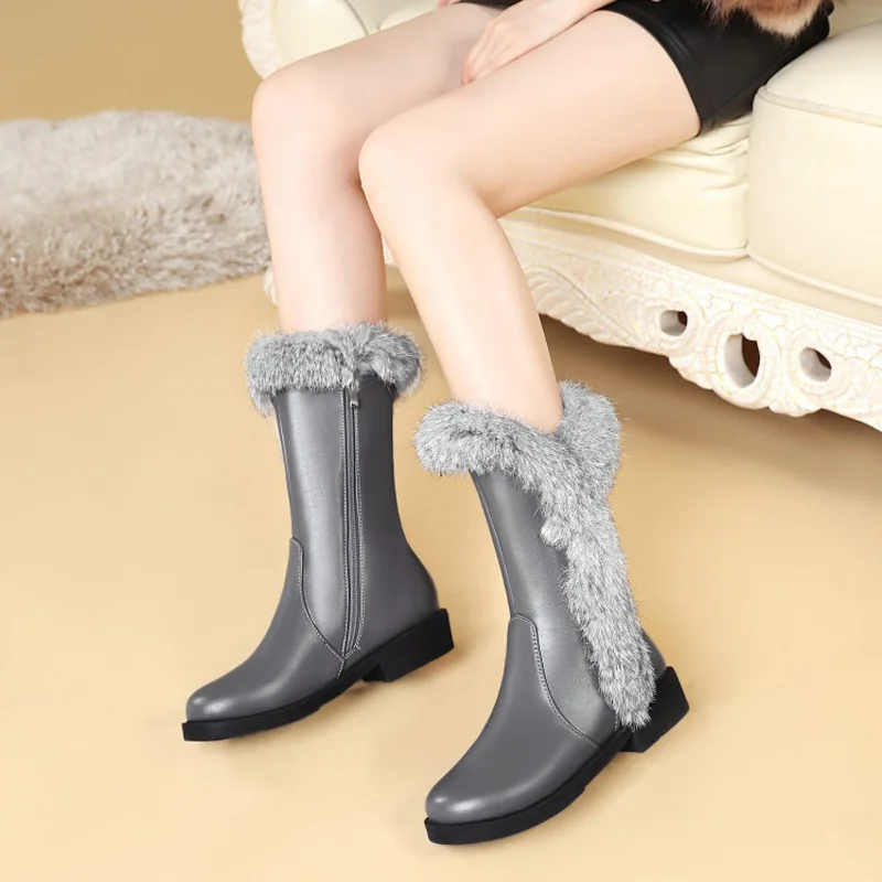 E TOY WORD New high-profile fur snow boots women's fashion fur one plus velvet warm boots leather waterproof winter boots shoes