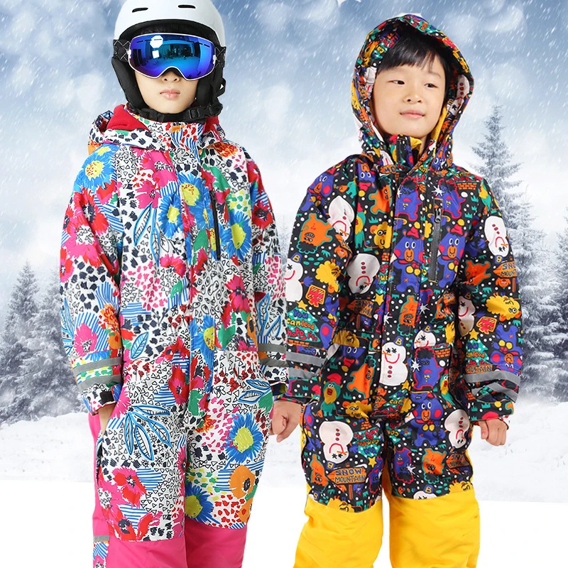 

Snowboarding Jacket Child Boys Girls Ski Suit Winter Jumpsuit Warm Thick Windproof Clothes Reflective Strip Floral Print Costume