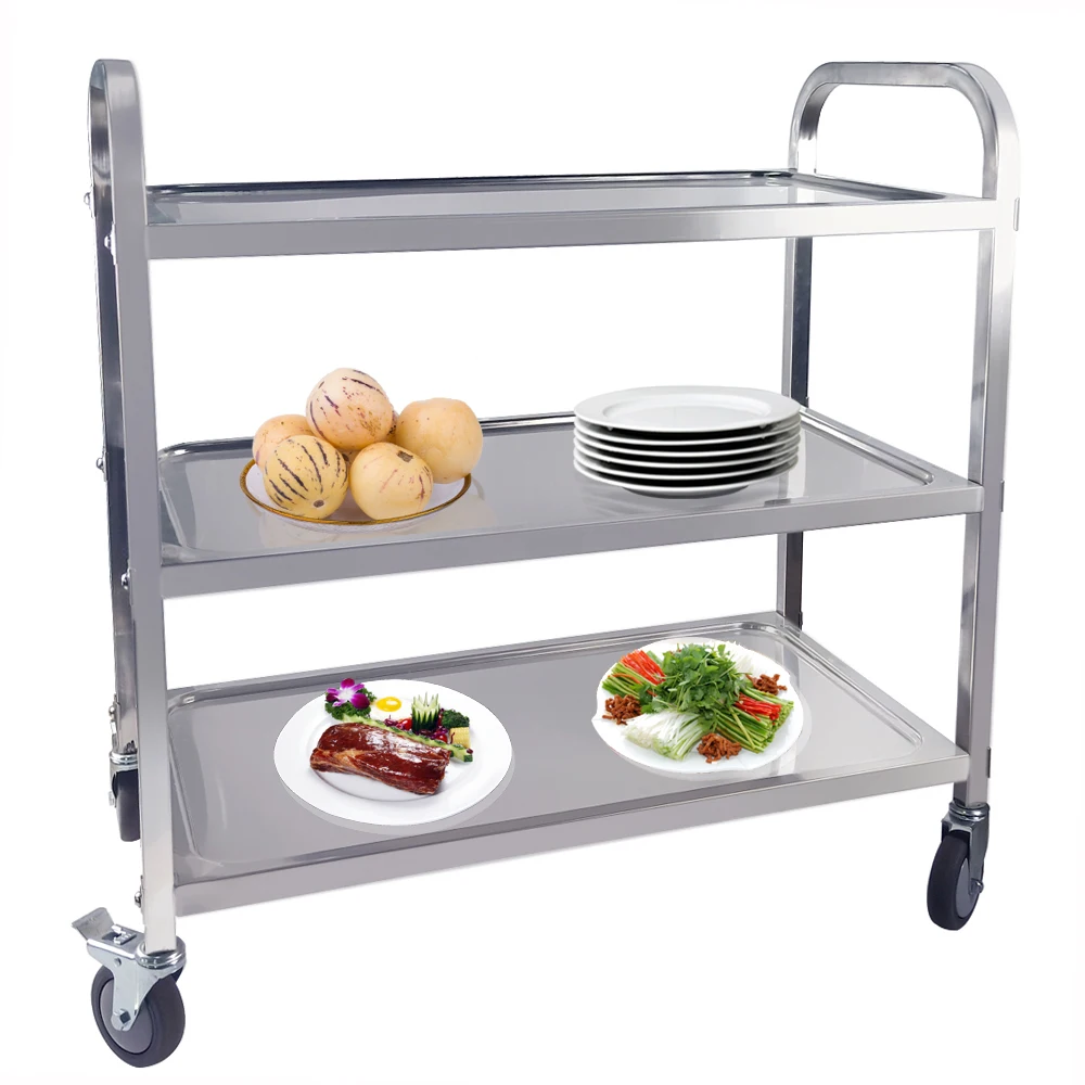 

NEW Restaurant Kitchen Serving Trolley Cart Stainless Steel Rolling Utility Catering Cart Shelf Transport Saving Storage Rack