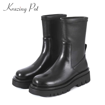 

Krazing pot large size new Chelsea boots real leather stretch thick bottom round toe high heel slip on dating mid-calf boots L25