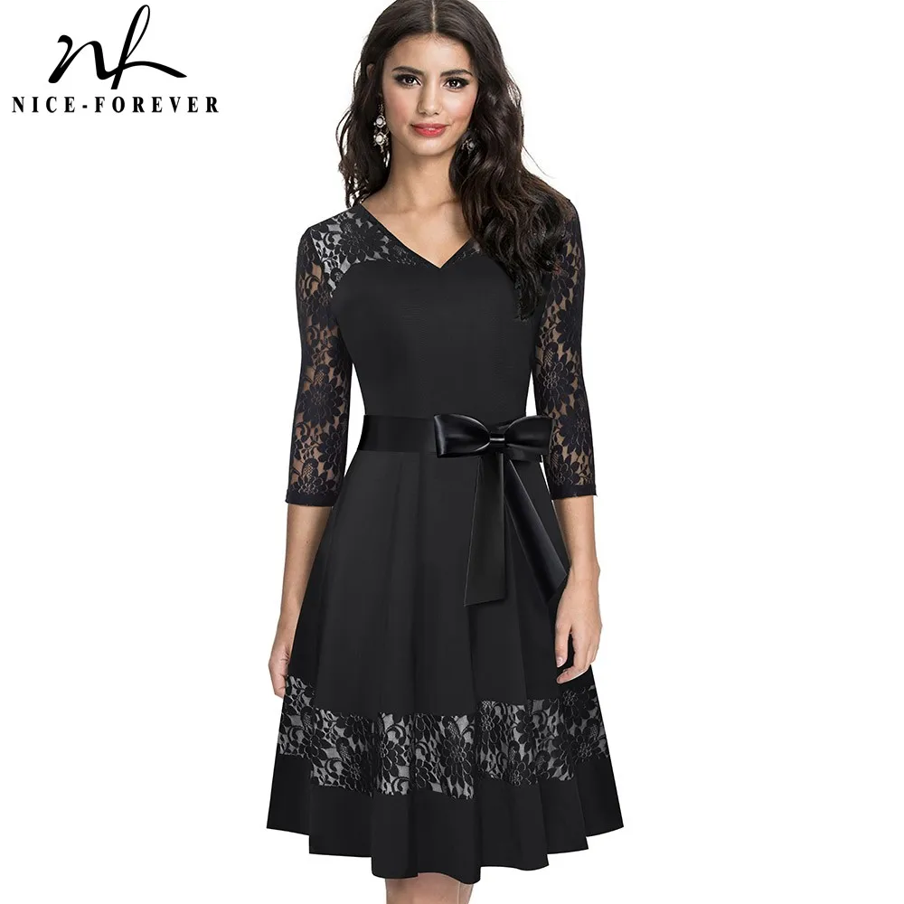 Nice-forever Retro Elegant Lace Patchwork with Sash vestidos Party Women Flare A-line Autumn Dress A182