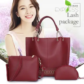 

3pcs/set Rivet Decorative Solid Color PU Leather Shoulder Crossbody Totes Simple Women Handbags Fashion Shell Clutch Bags