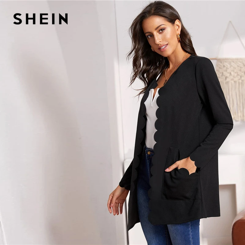 Best  SHEIN Round Neck Solid Open Front Scallop Trim Elegant Coat Women 2019 Autumn Long Sleeve Office La