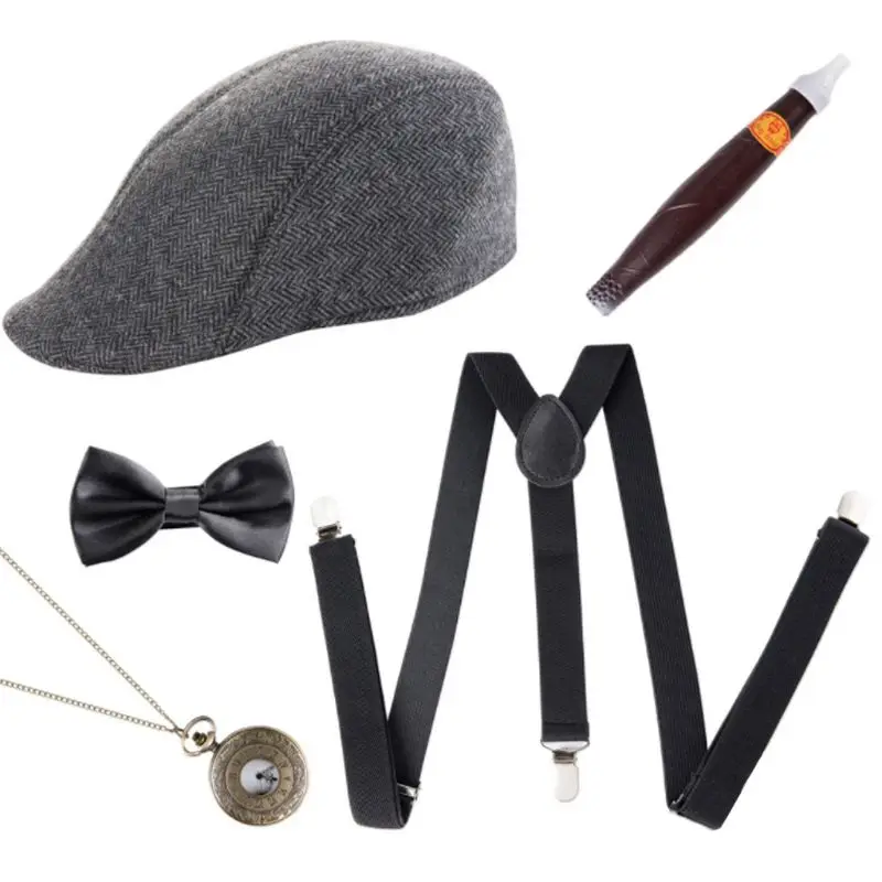 1920s мужской косплей Гангстерский костюм набор аксессуаров манхэттенская шляпа подтяжки предварительно завязанный Галстук-бабочка поддельная пластиковая сигара карманные часы - Цвет: 1