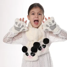 Комплект из искусственного шарфа и перчаток с пандой; костюм с животными; комплект из рукавицы для мальчиков и девочек; плюшевый зимний шарф; перчатки; костюм; Подарочный аксессуар