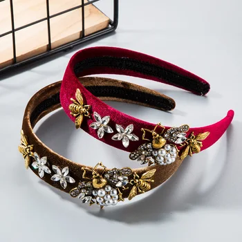 

3pcs Rhinestone hair band honey bee wide edge gold velvet buckle Pearl head band