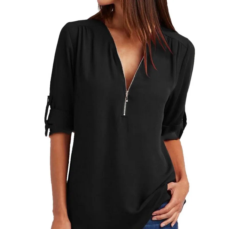 2019 Summer Women Chiffon Blouse 5XL Plus Size Chemise Femme V-neck Roll Up Sleeve Zipper Tunic Tops Summer Casual Loose Shirt