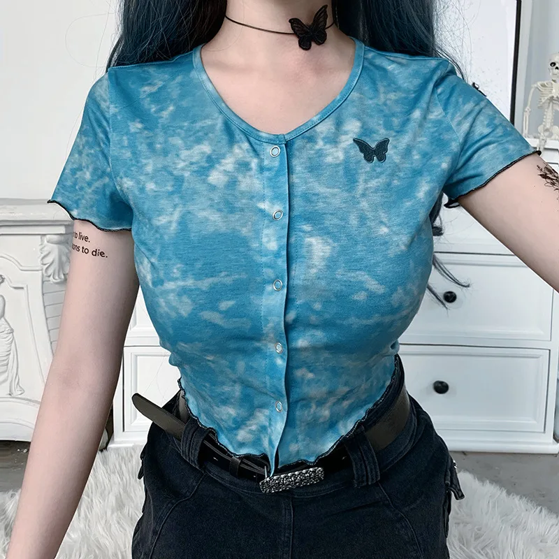 Blue Tye Die T Shirt Women Streetwear Harujuku Embroidery Butterfly Crop Top Button Tee Shirt Femme 90s Gothic Korean Clothes