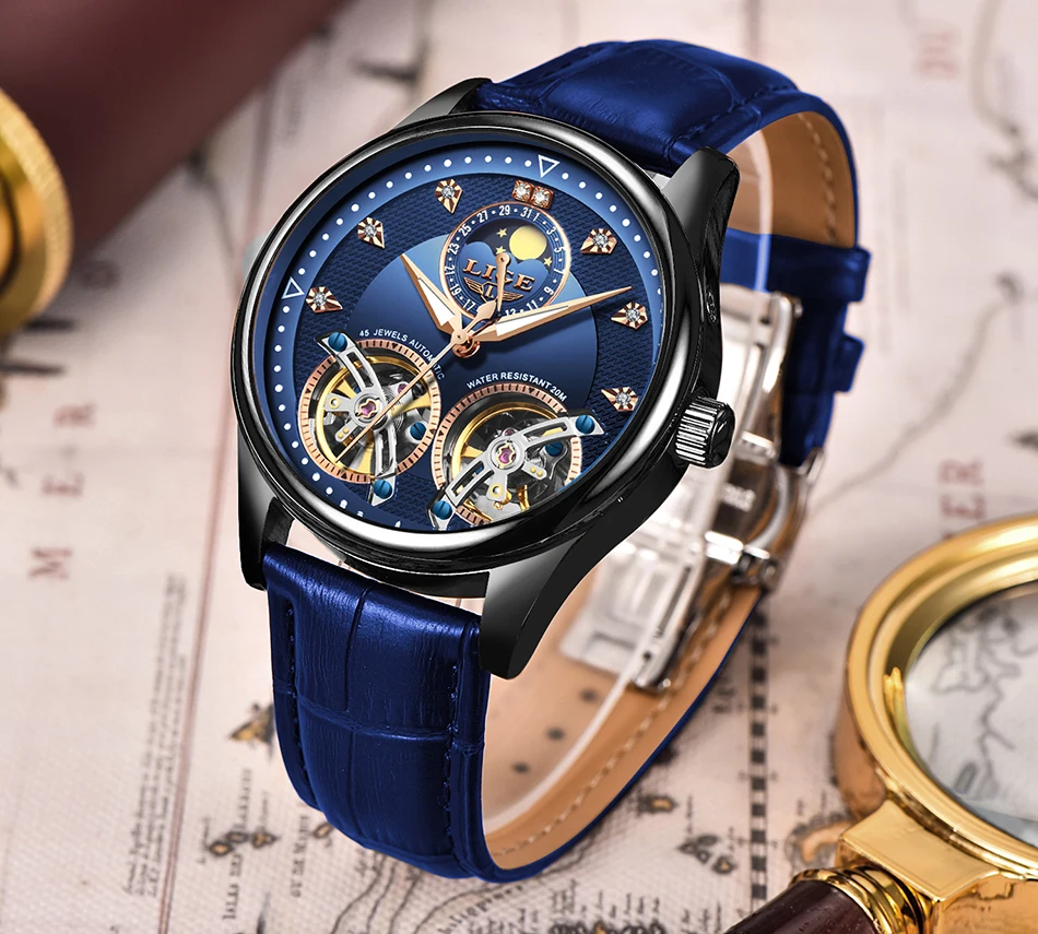 Reloj LIGE, двойной Tourbillon, швейцарские мужские часы, автоматические часы для мужчин, модные механические наручные часы с кожаным ремешком