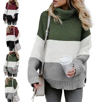 

Women Autumn Color Block Long Sleeve Turtle Neck Loose Knit Pullover Sweater Top