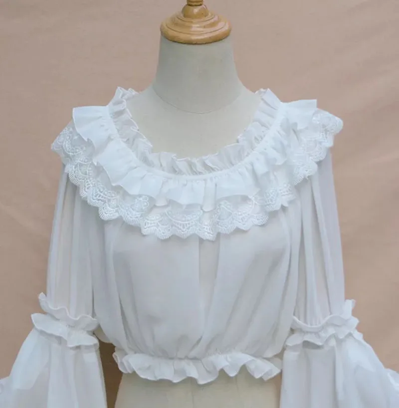 Lolita Blouses Ladies Sweet Lolita Lace Blouse Neverland Chiffon Loose Layered Crop Tops Victoria Costume Long Bell Sleeves For Women Oversize