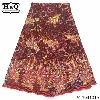 

H&Q beautiful red african mesh lace velvet fabric embroidery with sequins 5 yards/piece nigerian laces fabric for garment sewing
