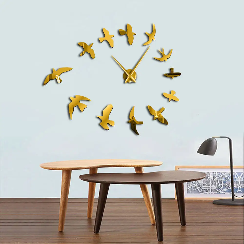 Гигантские настенные часы с животными птицами, современный дизайн, небо, летящая птица, настенные часы, акриловый зеркальный эффект, Декор для дома, гостиной, сделай сам, часы с голубем