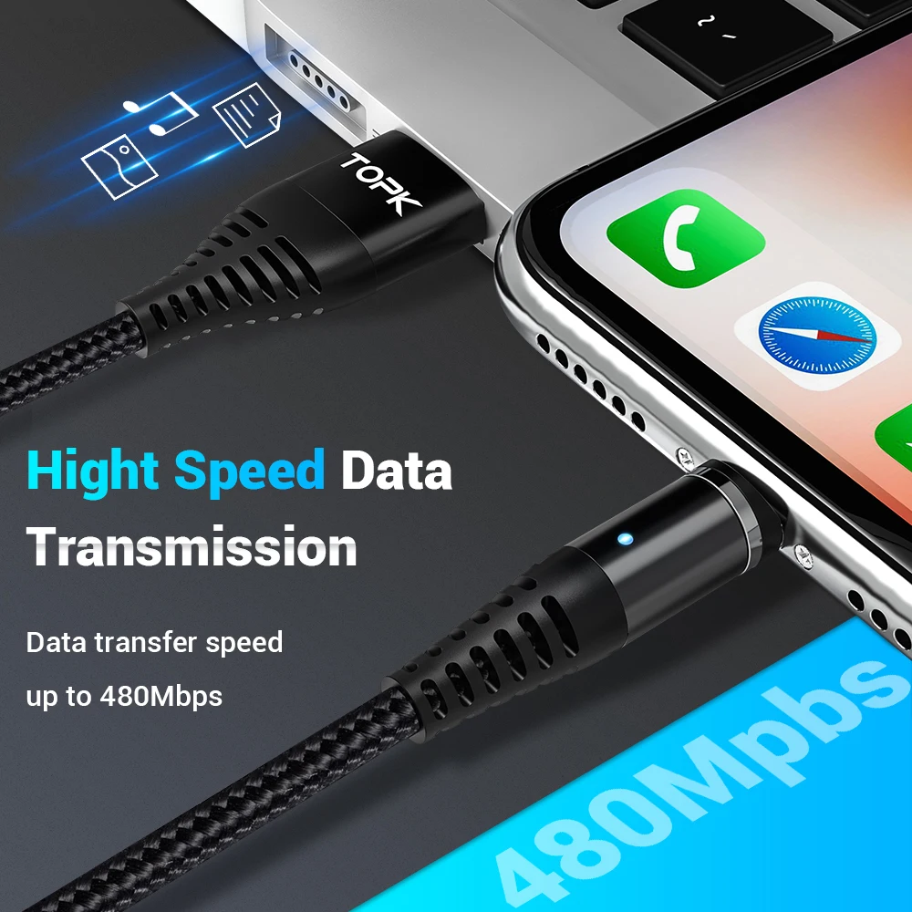 Кабель зарядный TOPK магнитный с разъемами USB Type C и Micro 3 А|Кабели для мобильных