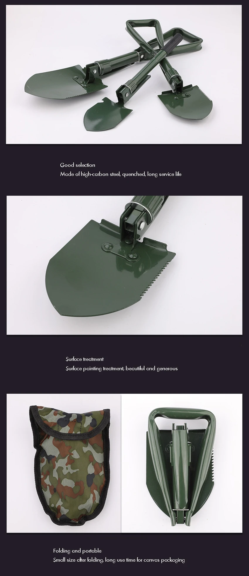 Description Picture 4 of itemFolding Camping Shovel, High Carbon Steel Entrenching Tool Trowel Shovel with Saw Edge, Storage Bag For Gardening, Beach, Snow